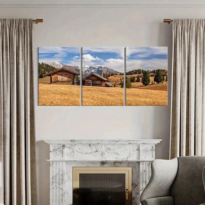3pcs Plateau Mountains and Huts Modern  Wall Art Set Canvas Framed 40x60cm - High Quality Print 100% Australian Made Wall Canvas Ready to Hang