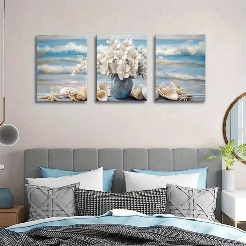 3pcs White Flowers in Blue Vase with Seashells Wall Art Set Canvas Framed 40x60cm - High Quality Print 100% Australian Made Wall Canvas Ready to Hang