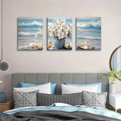 3pcs White Flowers in Blue Vase with Seashells Wall Art Set Canvas Framed 40x60cm - High Quality Print 100% Australian Made Wall Canvas Ready to Hang