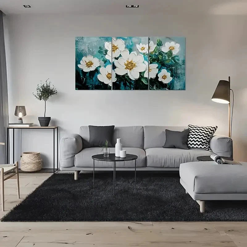 3pcs Abstract White Flowers on Teal Metal Print Ready to Hang Art
