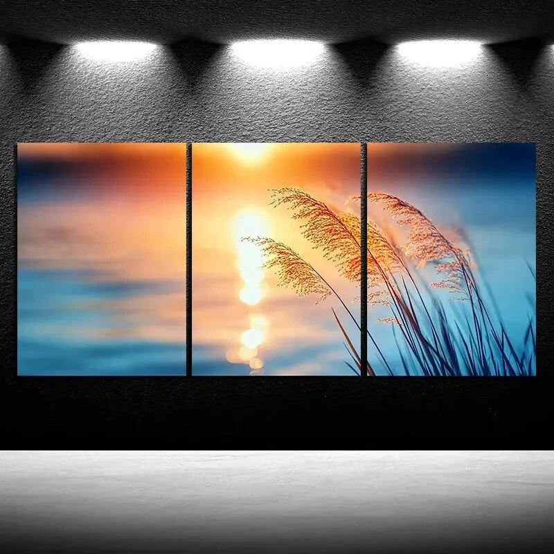 3pcs Reeds By The Lake Sunset Metal Print Ready to Hang Art