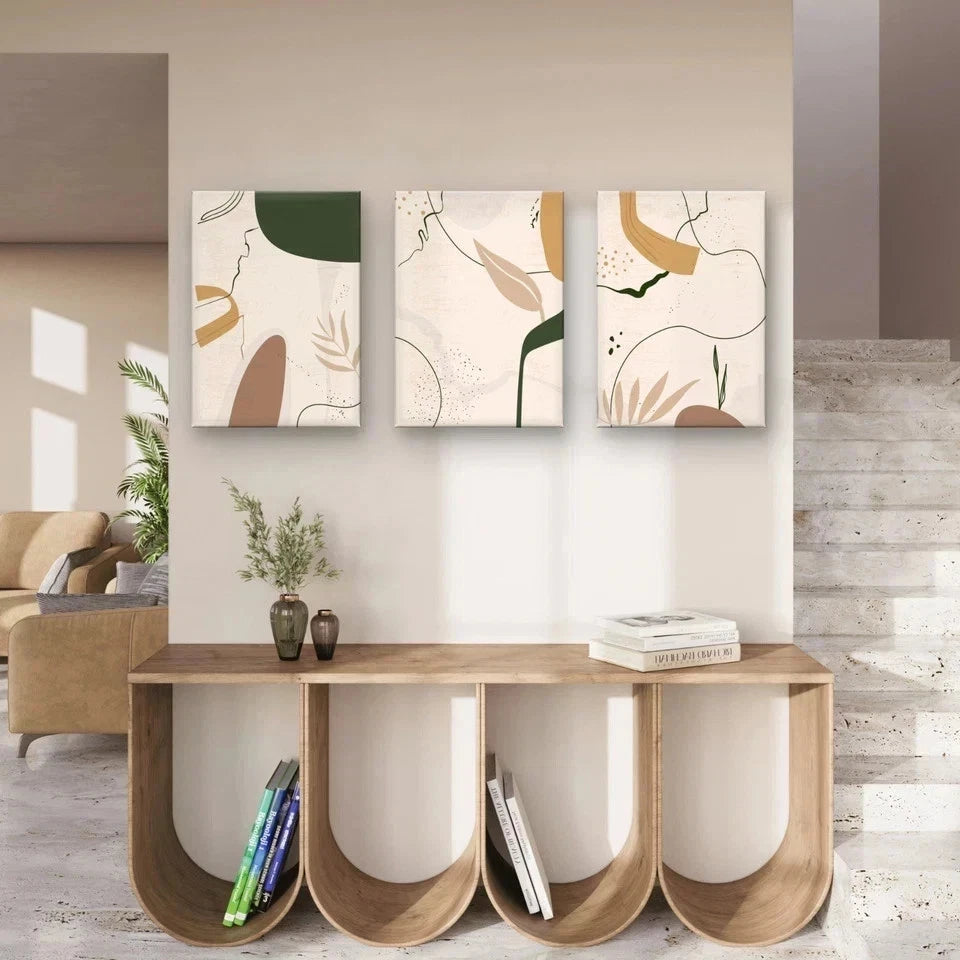 3pcs Neutral Abstract Botanical Shapes Wall Art Set Canvas Framed 50x70cm - High Quality Print 100% Australian Made Wall Canvas Ready to Hang