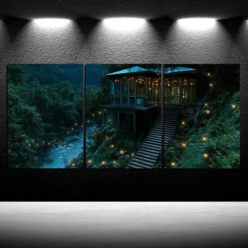 3pcs The Glass House by the River Forest Metal Print Ready to Hang Art