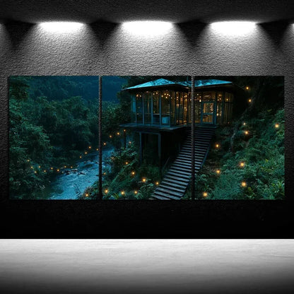 3pcs The Glass House by the River Forest Metal Print Ready to Hang Art