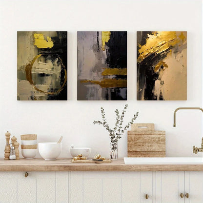 3pcs Golden and Black Abstract Metal Print Ready to Hang Art