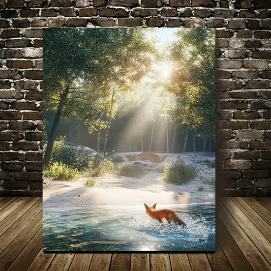 Splashing on Sandy Beach with Sunbeams Painting 40x60cm Metal Print Ready to Hang