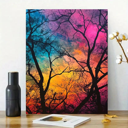 Rainbow Sky, Trees with Branches, Colorful Background 40x60cm Metal Print Ready to Hang
