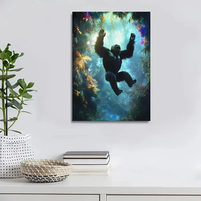 Joyful Gorilla Leaping in Enchanted Forest Painting  40x60cm Metal Print Ready to Hang