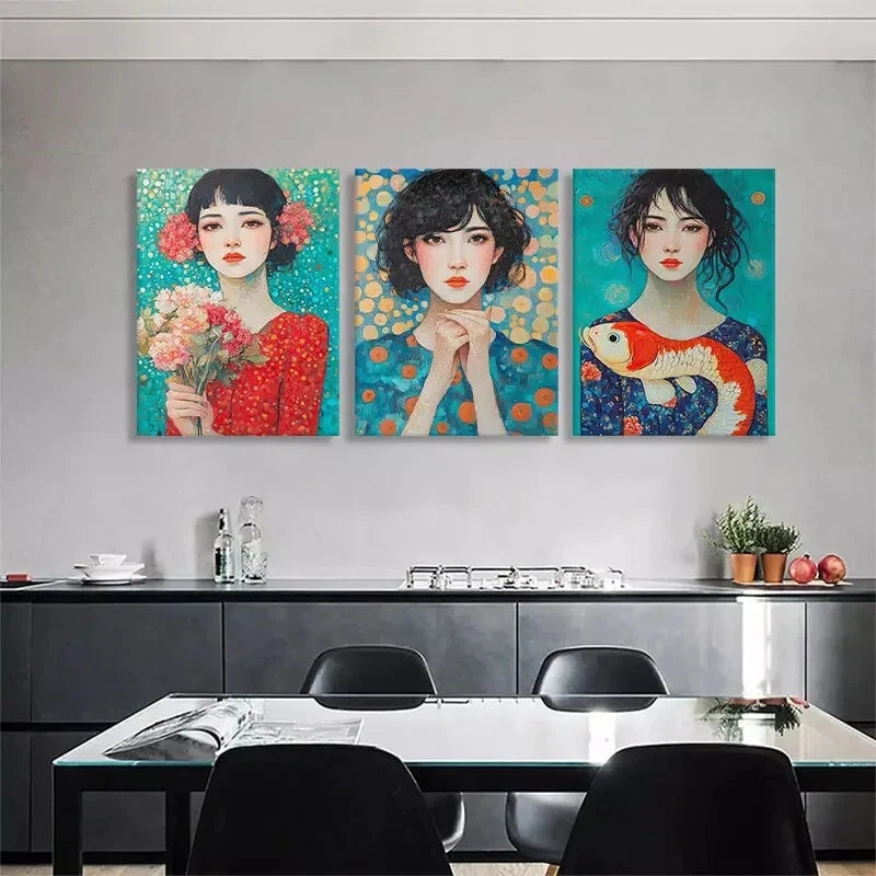3pcs Colorful Portrait Beautiful Girls Perfect Wall Art Set Canvas Framed 40x60cm - High Quality Print 100% Australian Made Wall Canvas Ready to Hang