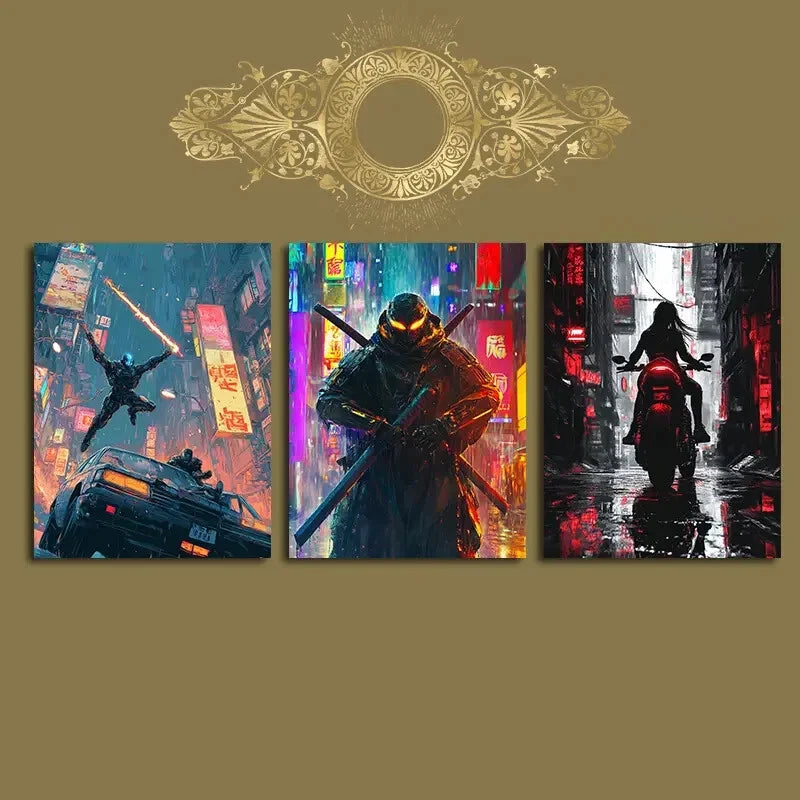 3pcs Vibrant Colorful Urban Bike Car Metal Print Ready to Hang Art