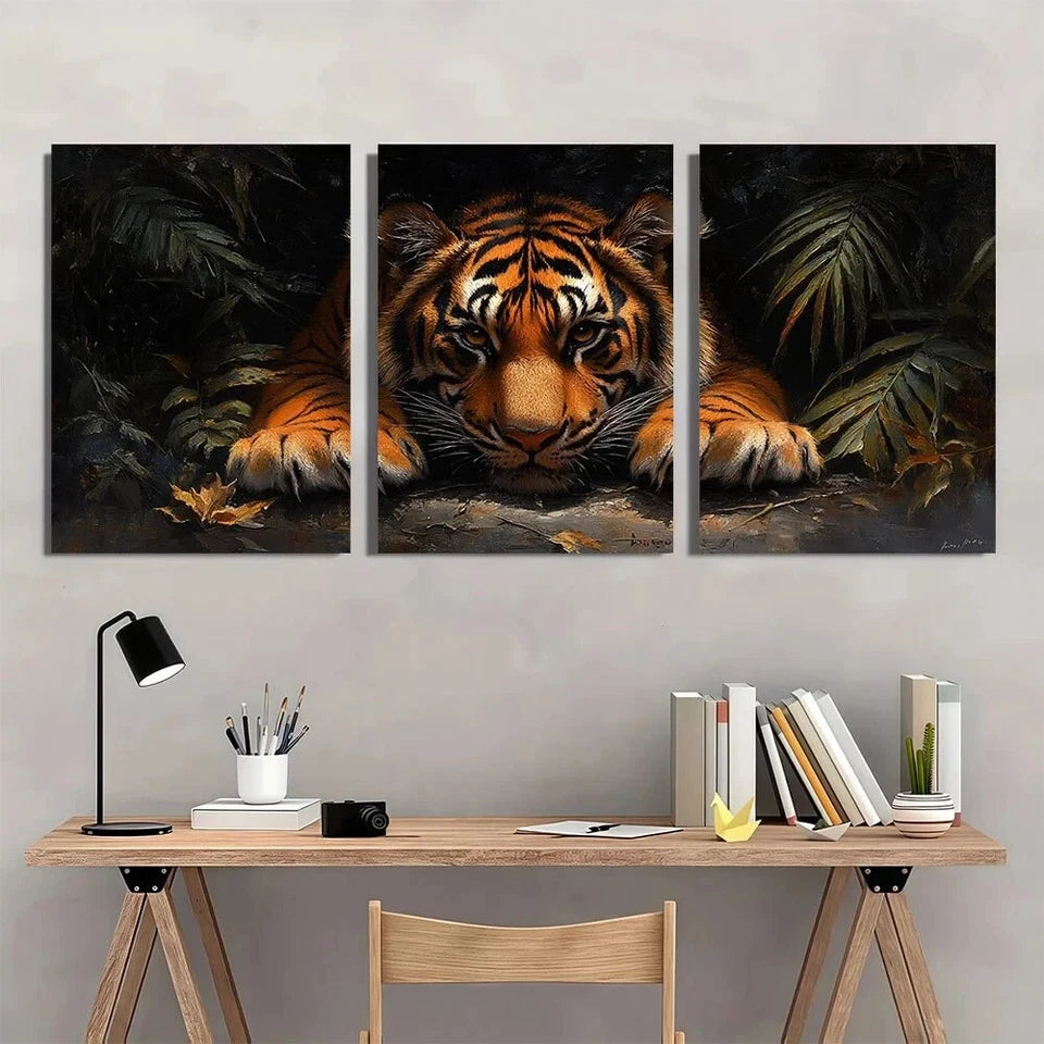 3pcs Realistic Jungle Orange & Black Striped Tiger Metal Print Ready to Hang Art