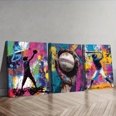 3pcs Baseball Graffiti Boy Colorful Perfect Wall Art Set Canvas Unframed - High Quality Print 100% Australian Made Wall Canvas