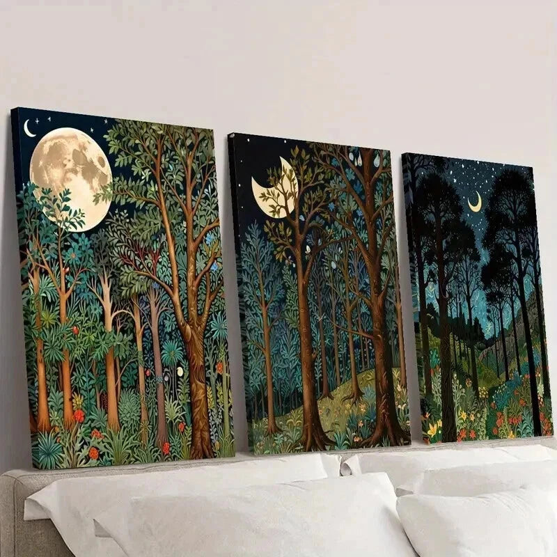 3pcs Classic Moonlit Forest Landscape Wall Art Set Canvas Framed 40x60cm - High Quality Print 100% Australian Made Wall Canvas Ready to Hang