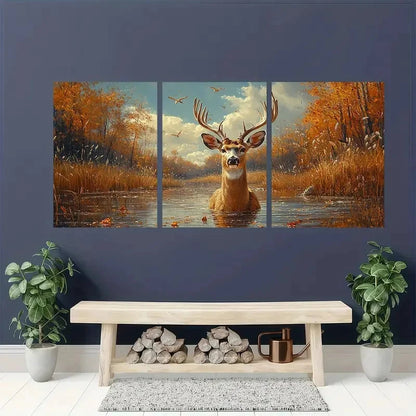 3pcs Vintage Whitetail Deer Hunting Wall Art Set Canvas Framed 50x70cm - High Quality Print 100% Australian Made Wall Canvas Ready to Hang