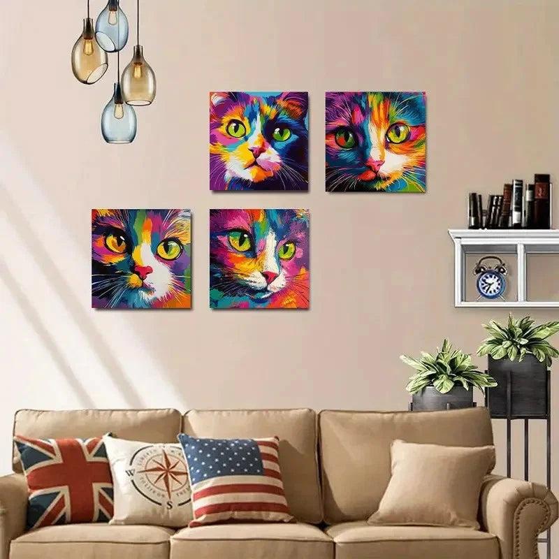 4pcs Doodle-Style Cute Kittens Wall Art Canvas Framed