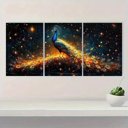 3pcs Vibrant Peacock with a Rainbow Metal Print Ready to Hang Art