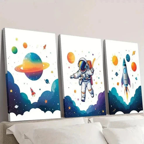 3pcs Cute Astronaut Traveling Planet & Rockets Wall Art Set Canvas Unframed - High Quality Print 100% Australian Made Wall Canvas