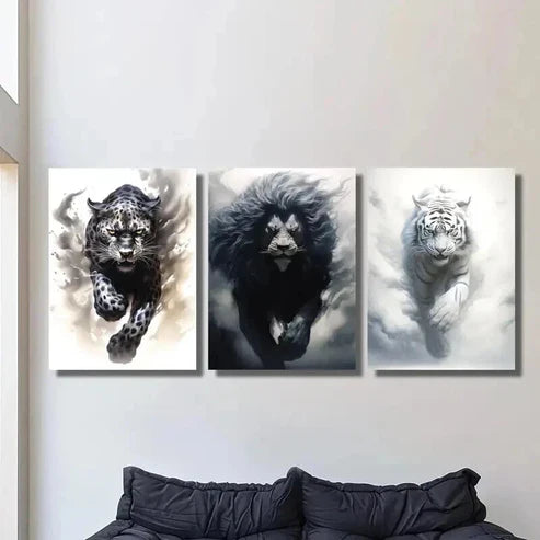 3pcs Black Cheetah Lion & White Tiger Wall Art Set Canvas Unframed - High Quality Print 100% Australian Made Wall Canvas