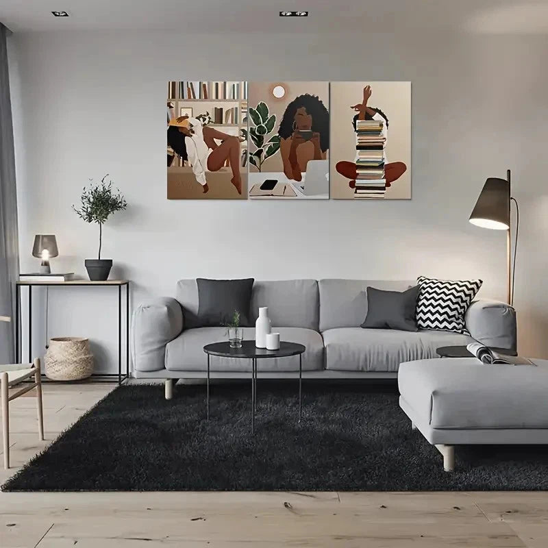 3pcs African American Woman Reading Books Metal Print Ready to Hang Art