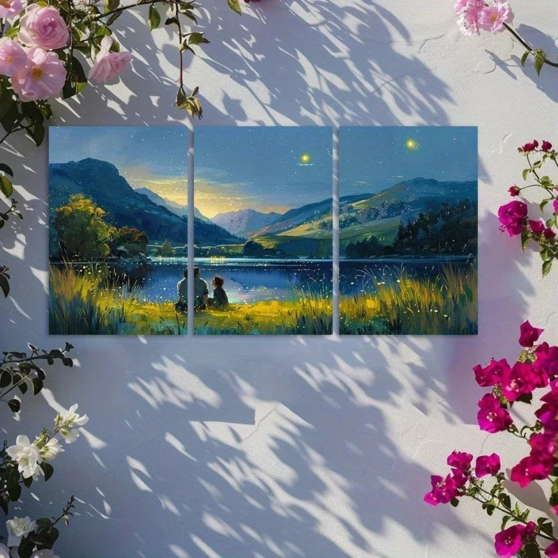 3pcs Oil Painting Style Landscape with Couple Metal Print Ready to Hang Art