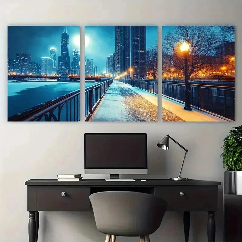 3pcs Chicago Skyline Vibrant Cityscape Perfect Wall Art Set Canvas Framed 50x70cm - High Quality Print 100% Australian Made Wall Canvas Ready to Hang