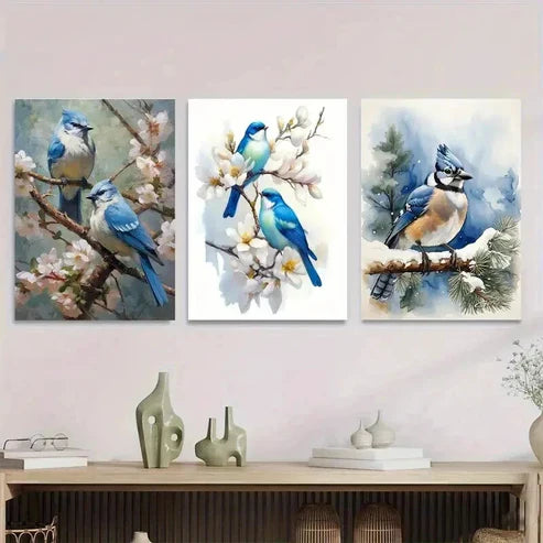3pcs Blue Birds On Cherry Blossom Modern Classic Wall Art Set Canvas Unframed - High Quality Print 100% Australian Made Wall Canvas