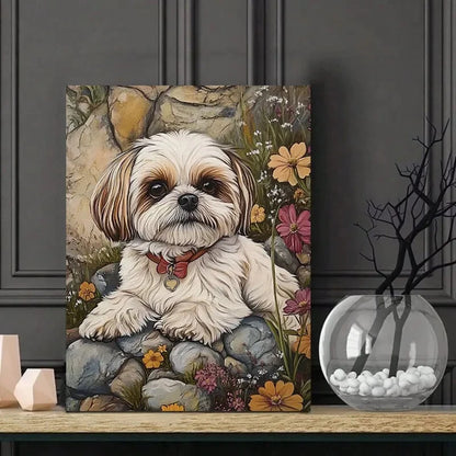 Cute White And Brown Shih Tzu Dog Sitting on Rocks  40x60cm Metal Print Ready to Hang