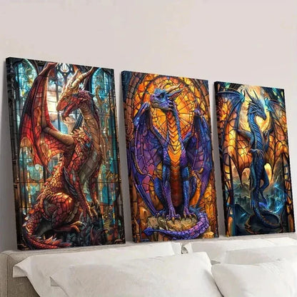 3pcs Vibrant Majestic Dragon Paintings Wall Art Set Canvas Unframed - High Quality Print 100% Australian Made Wall Canvas