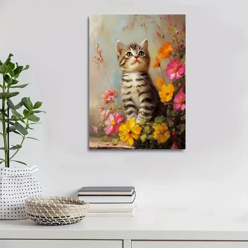 Cute American Shorthair Kitten with Flowers & Plants  40x60cm Metal Print Ready to Hang