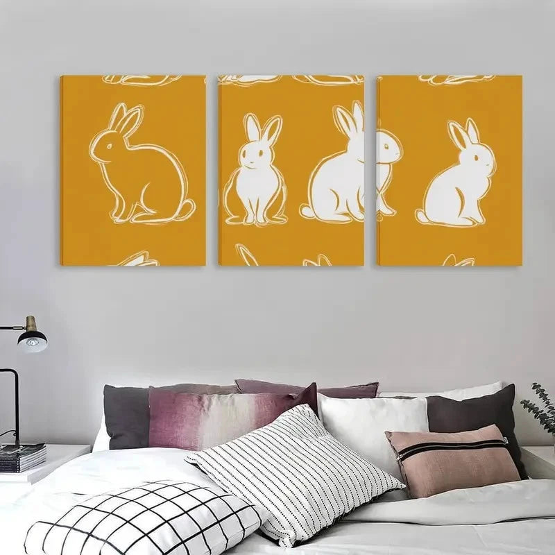 3pcs White Rabbits on Amber Background Wall Art Set Canvas Framed 40x60cm - High Quality Print 100% Australian Made Wall Canvas Ready to Hang