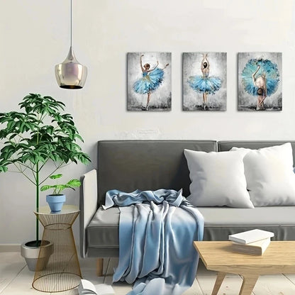 3pcs Elegant Ballet Blue and Gray Metal Print Ready to Hang Art