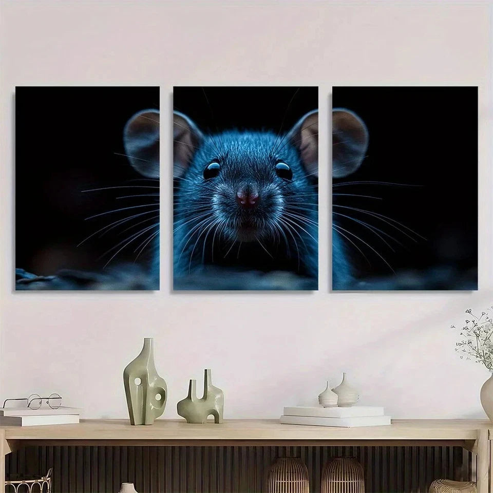 3pcs Abstract Vibrant Blue Mouse Metal Print Ready to Hang Art