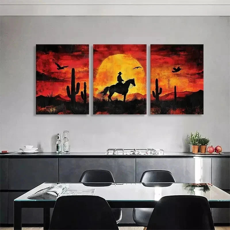 3pcs Western Cowboy Sunset Horse Rider Perfect Wall Art Set Canvas Framed 40x60cm - High Quality Print 100% Australian Made Wall Canvas Ready to Hang