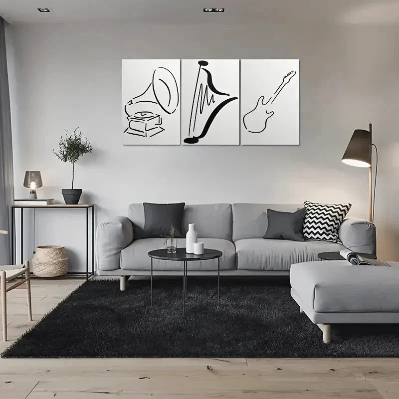 3pcs Black Line Drawing Musical Instruments Metal Print Ready to Hang Art