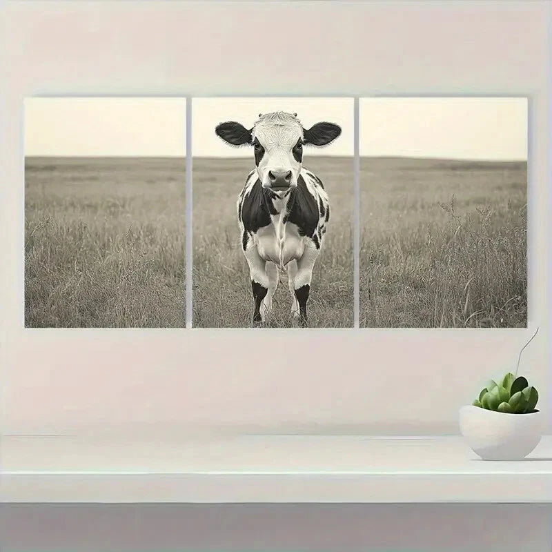 3pcs Black and White Cow Modern Farmhouse Style Metal Print Ready to Hang Art
