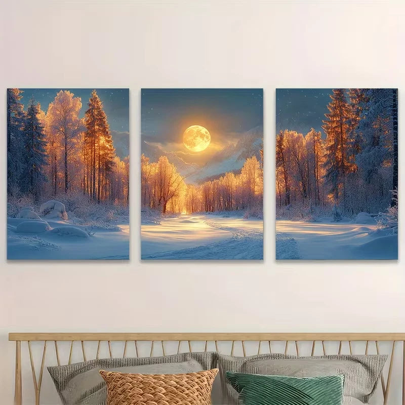 3pcs Winter Forest with Snowy Trees Metal Print Ready to Hang Art