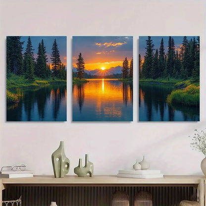 3pcs Vibrant Sunset River Pine Trees Wildflowers Wall Art Set Canvas Framed 50x70cm - High Quality Print 100% Australian Made Wall Canvas Ready to Hang