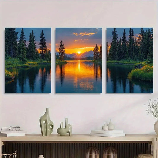 3pcs Vibrant Sunset River Pine Trees Wildflowers Wall Art Set Canvas Framed 50x70cm - High Quality Print 100% Australian Made Wall Canvas Ready to Hang