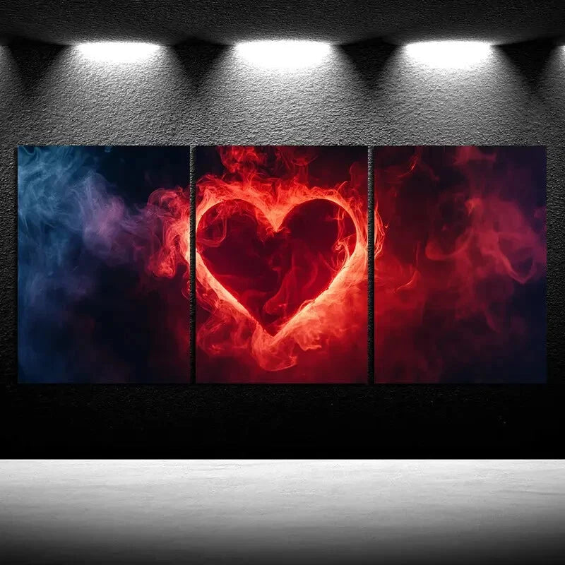 3pcs Heart in The Mist Stunning Red Metal Print Ready to Hang Art