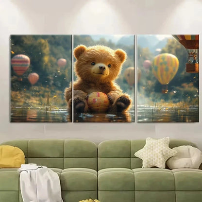 3pcs Whimsical Baby Bear Wall Art Set Canvas Framed 60x90cm - High Quality Print 100% Australian Made Wall Canvas Ready to Hang
