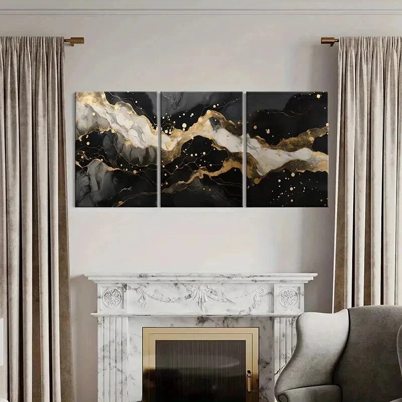 3pcs Abstract Black Gold Marble Texture Wall Art Set Canvas Framed 40x60cm - High Quality Print 100% Australian Made Wall Canvas Ready to Hang