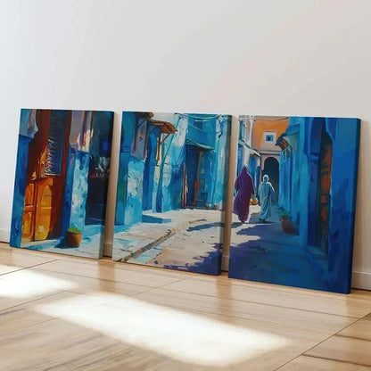 3pcs Vintage Blue Alley Moroccan Architecture Wall Art Set Canvas Framed 40x60cm - High Quality Print 100% Australian Made Wall Canvas Ready to Hang
