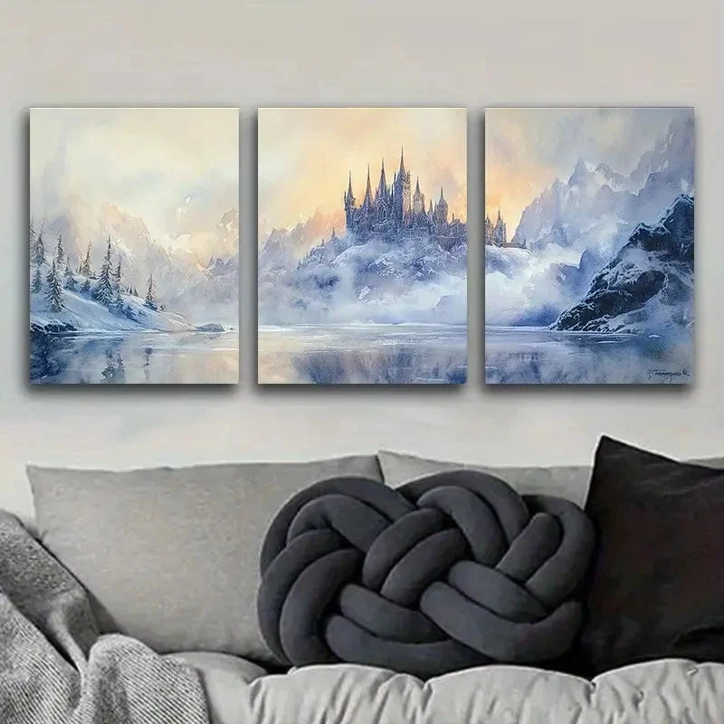 3pcs Watercolor Painting of a Gothic Castle Metal Print Ready to Hang Art