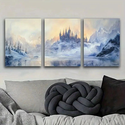 3pcs Watercolor Painting of a Gothic Castle Metal Print Ready to Hang Art