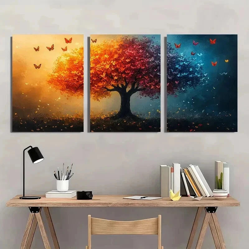 3pcs Vibrant Autumn & Winter Butterfly Tree Wall Art Set Canvas Framed 40x60cm - High Quality Print 100% Australian Made Wall Canvas Ready to Hang