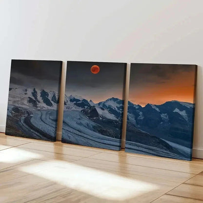 3pcs Red Moon and Snow Mountains Landscape Wall Art Set Canvas Framed 40x60cm - High Quality Print 100% Australian Made Wall Canvas Ready to Hang