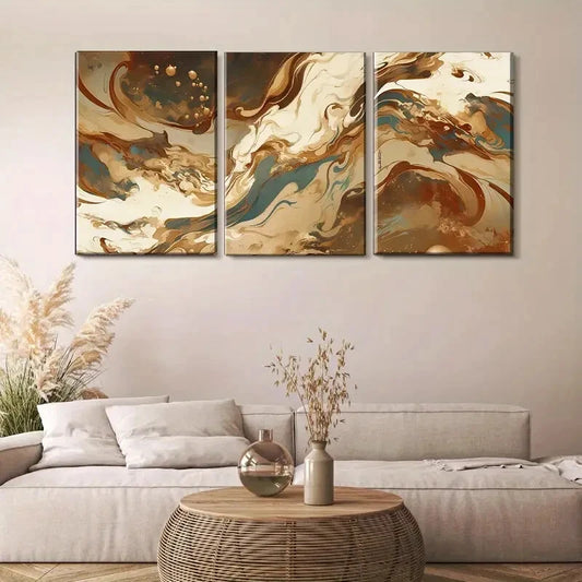 3pcs Earthy Tones Brown Abstract Fluid Perfect Wall Art Set Canvas Framed 40x60cm - High Quality Print 100% Australian Made Wall Canvas Ready to Hang