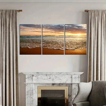 3pcs Natural Landscape Art with Sunset and Waves Wall Art Set Canvas Framed 40x60cm - High Quality Print 100% Australian Made Wall Canvas Ready to Hang