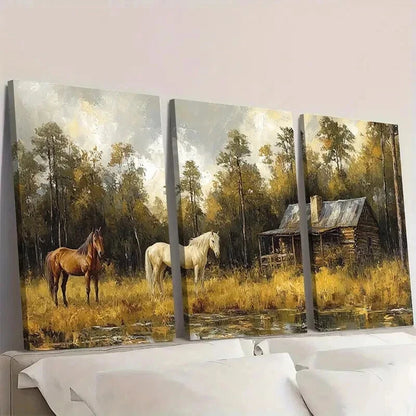 3pcs Green Forest Cabin Horse Abstract Painting Wall Art Set Canvas Framed 40x60cm - High Quality Print 100% Australian Made Wall Canvas Ready to Hang