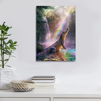 Vibrant Steampunk Crocodile Scene with Waterfall  40x60cm Metal Print Ready to Hang
